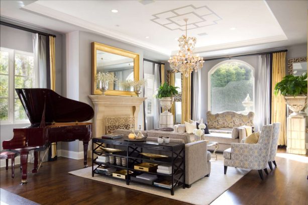 classic living room and music area in a perfect combination of gold and gray