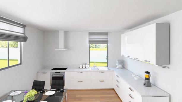 clean white cabinets with a little touch of black appliances in this minimalist kitchen