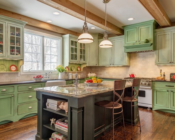 timeless kitchen remodel with custom-painted sage green cabinets