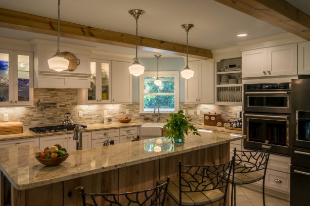 white cabinets large farmhouse l-shaped kitchen built-in with black microwave