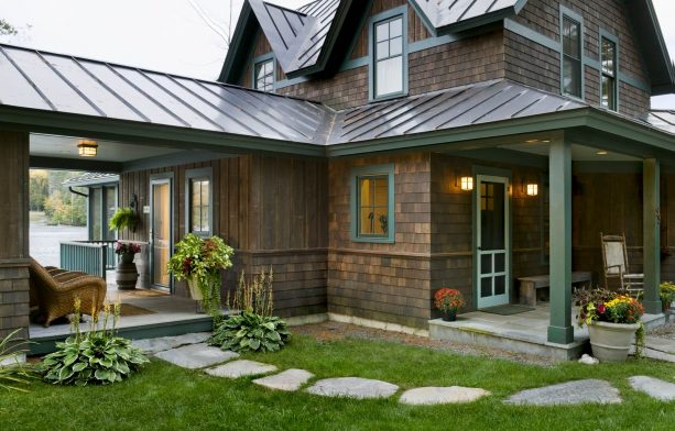 bark semi-solid stain siding color and a medium bronze finish metal roof combination