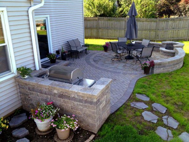 belgard stone paver patio with grill surround and fire pit