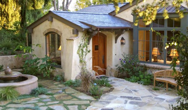 cottage's front walkway landscape idea made of flagstone