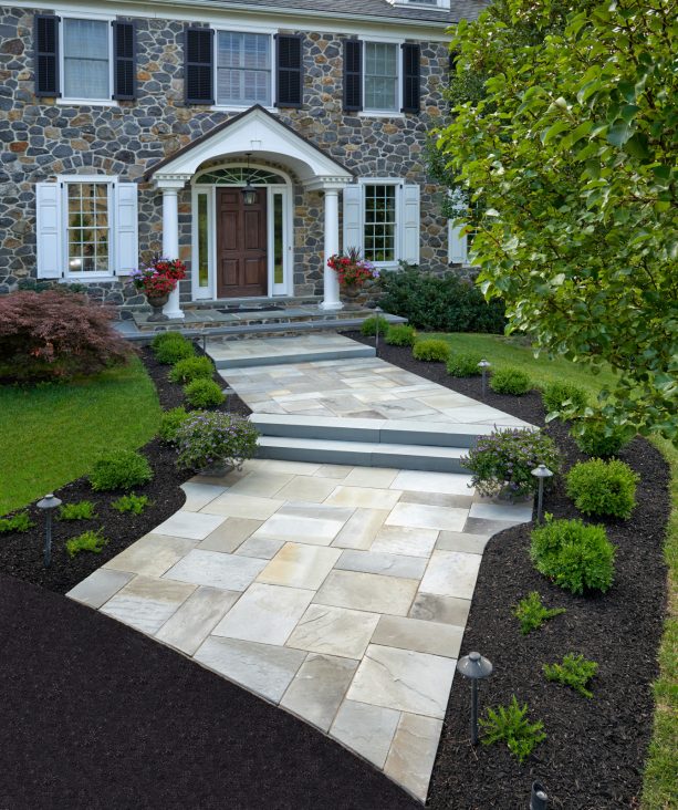 natural flagstone front walkway landscaping idea