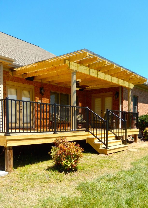 wood attached pergola with polycarbonate roof