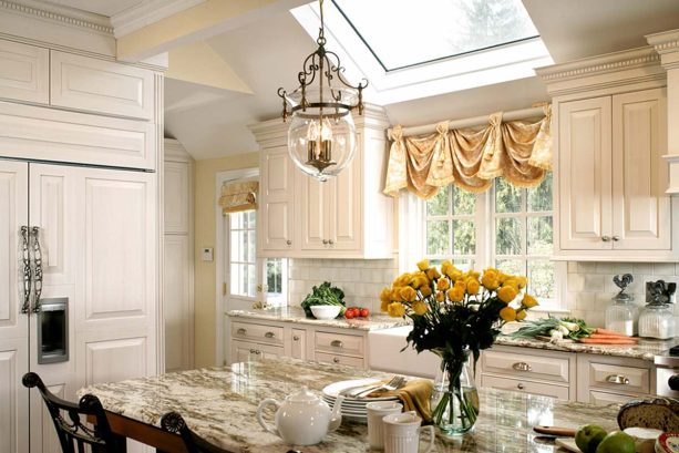 a kitchen sink with picture windows and jim thompson toile valance treatment