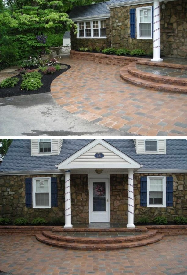 combination of brick pavers and stone steps against a rock-walled house