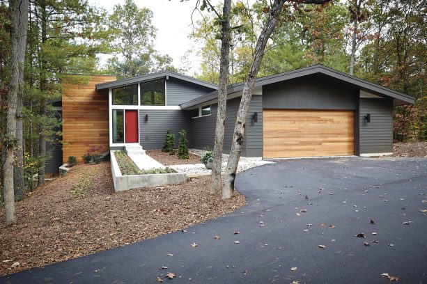 combination of steel and wood flat four-panel garage door