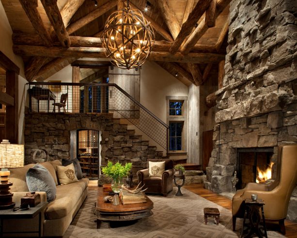 combination of stone and wood in a mountain style cabin living room