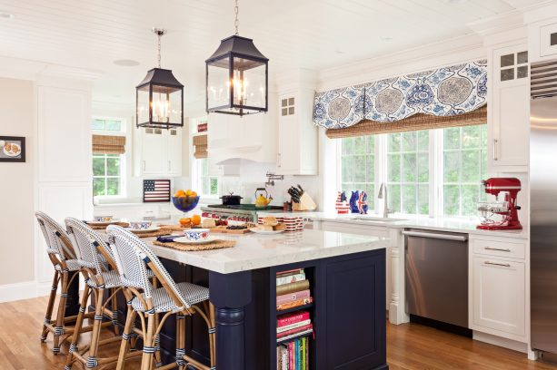 combination of woven shade and valance window treatment over a kitchen sink