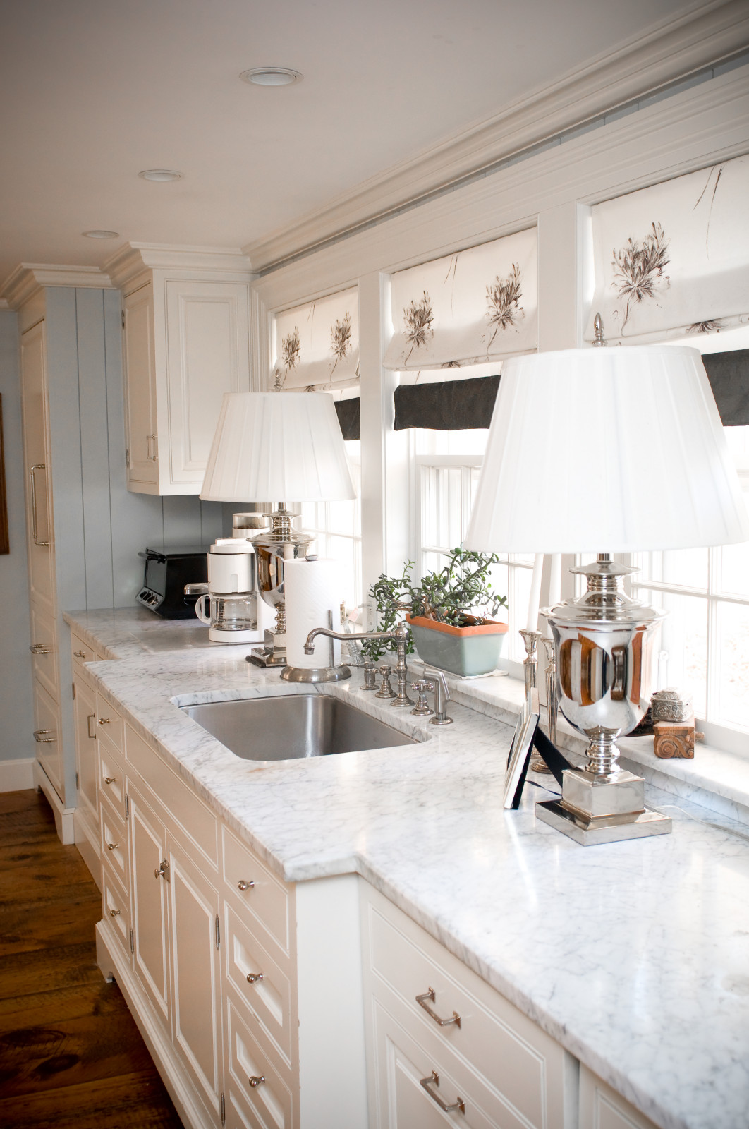 Custom Made Flat Roman Shade Window Treatment Over The Kitchen Sink 