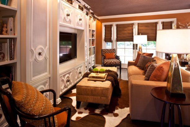 hobbled roman shade with solid fabric for french doors in a transitional family room