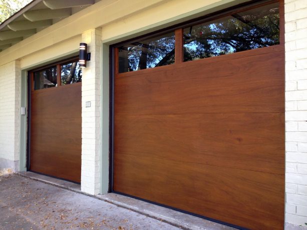 luan mahogany flat panel garage door with long panel windows