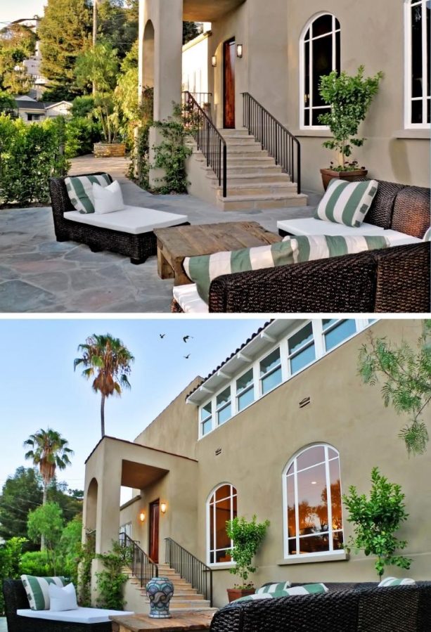 mediterranean styled front yard patio with a comfortable sofa