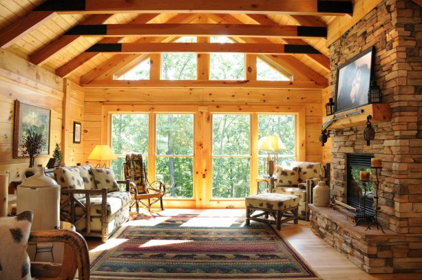 mid-sized formal cabin living room with large window wall