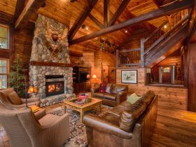 open concept cabin living room ideas with wood walls and floor