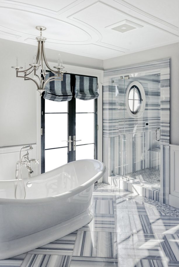 relaxed roman shades for french doors in the bathroom