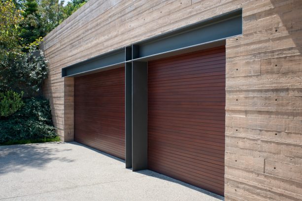 solid sapele mahogany flat panel two-car garage door
