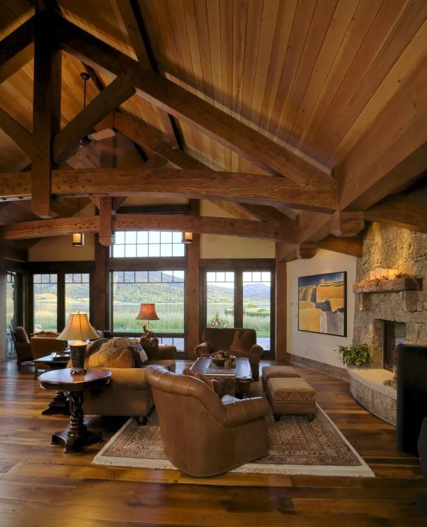 spacious cabin living room equipped with exposed timber trusses
