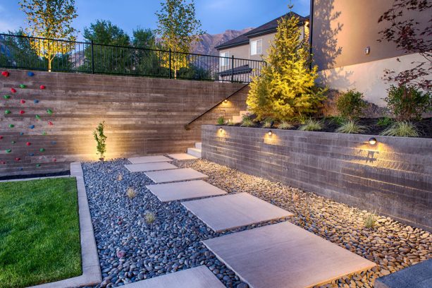 wood weathered look on stamped concrete retaining walls