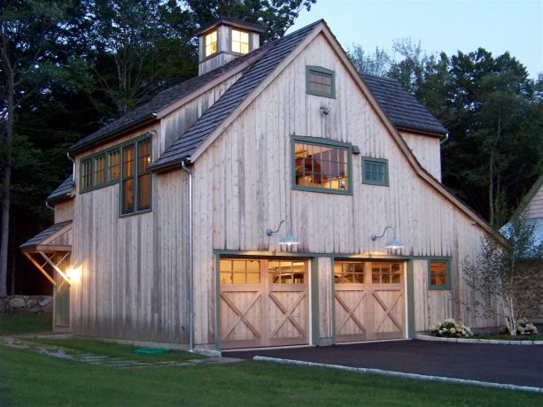 x braced double barn garage doors made of weathered wood
