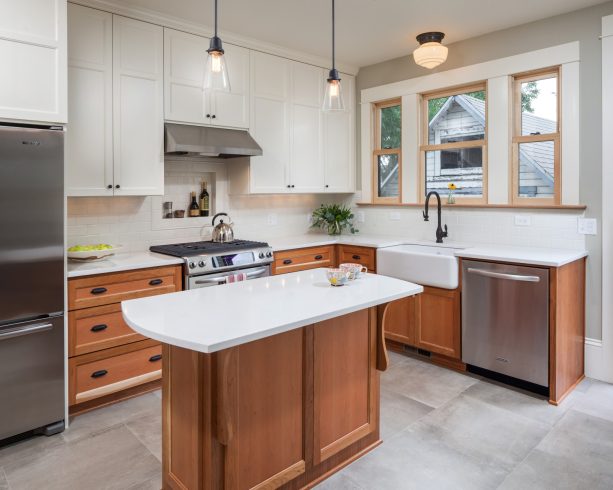 arts and crafts small l-shaped kitchen with a custom-designed island