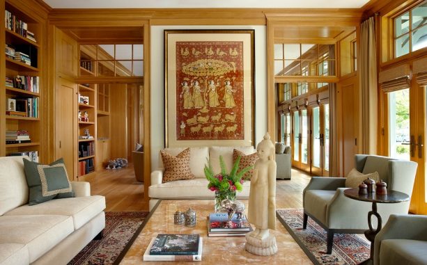 benjamin moore sweet spring and honey oak trim in an eclectic living room