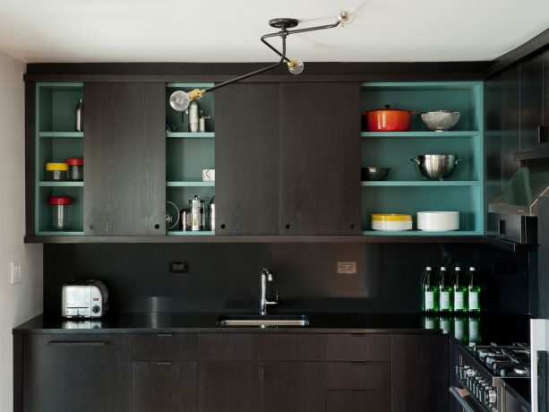 black colored sliding door for flat-panel kitchen cabinetry
