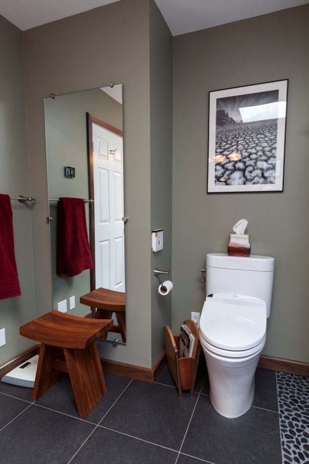 calming neutral gray palette in a man cave bathroom