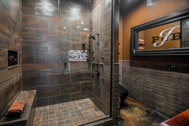 dark and masculine look in a man cave bathroom