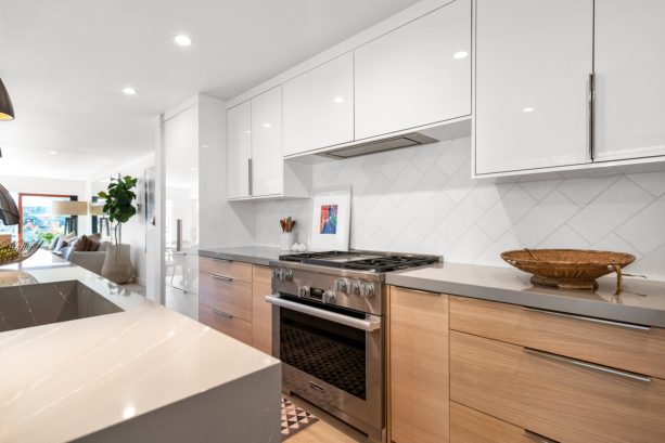 horizontal grain oak base cabinets with cambria quartz countertops