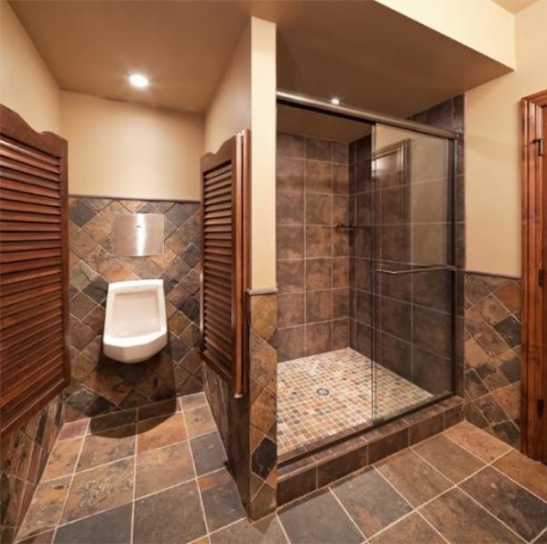 man cave bathroom idea with an alcove shower