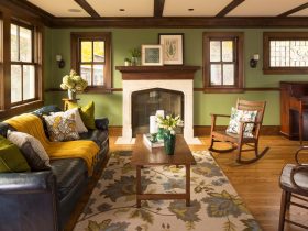 sherwin williams artichoke and honey oak trim in a craftsman living room