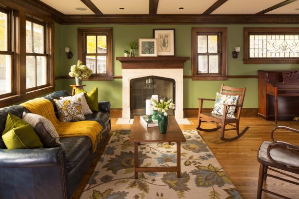 sherwin williams artichoke and honey oak trim in a craftsman living room