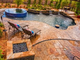 slate skin stamped concrete sand buff base and walnut release color