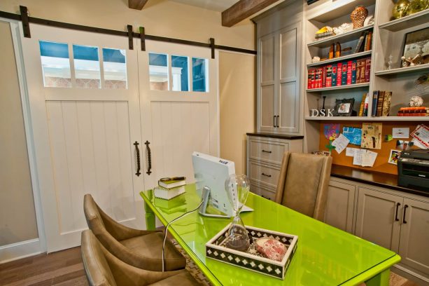 combination of small window and recessed panel in white barn doors