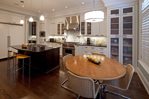 contemporary kitchen with interior crown molding for the cabinet trim