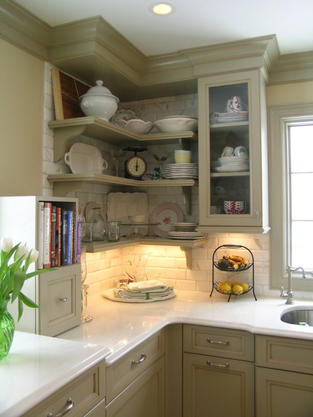 edge molding as a trim in an open kitchen cabinet
