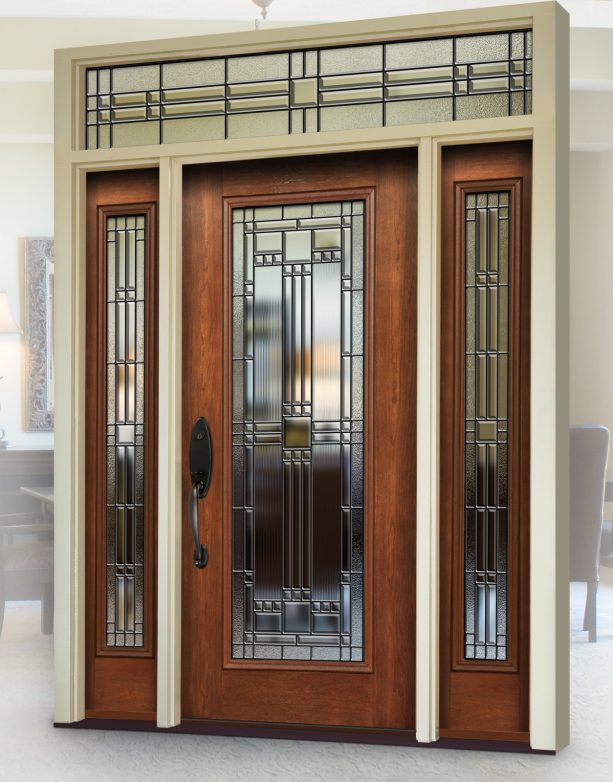 glass front door with toffee stain to create brown color