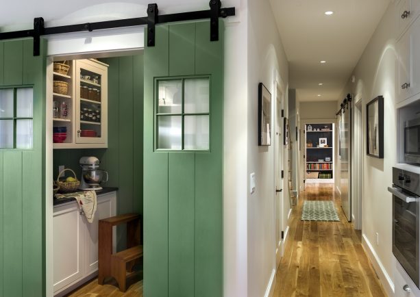 green painted barn doors with tempered glass windows