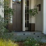 narrow brown front door in a transitional entryway