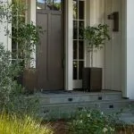 narrow brown front door in a transitional entryway