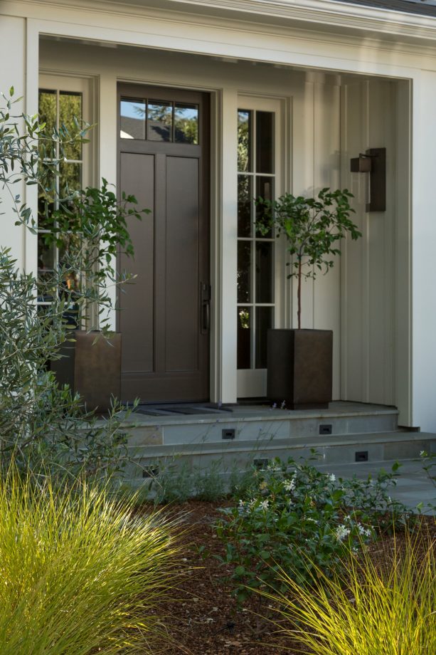 narrow brown front door in a transitional entryway