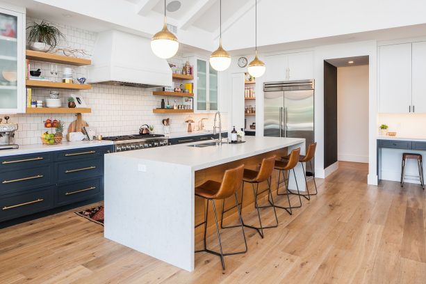 a fresh farmhouse kitchen with a dramatic navy blue shaker and dunn edwards - white glass front cabinets