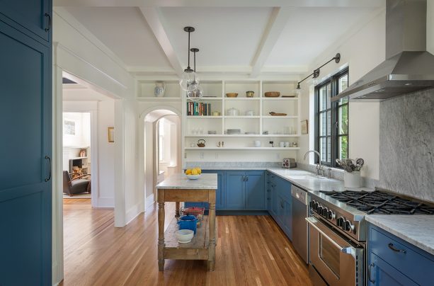 a splash of benjamin moore - van deusen blue cabinets against the open white cabinets