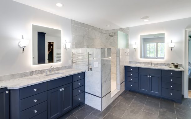 blue accent color for gray and white bathroom