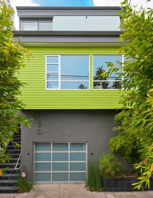 bright and trendy green siding house combined with dark gray wall