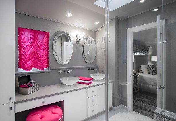 bright pink accent color for gray and white bathroom