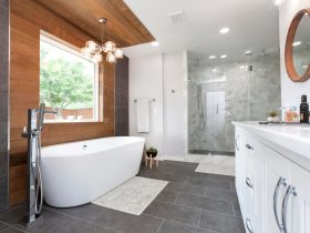 brown wood accent color for gray and white bathroom