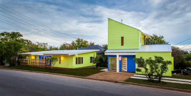 composition of lime green and bold blue siding in a contemporary house